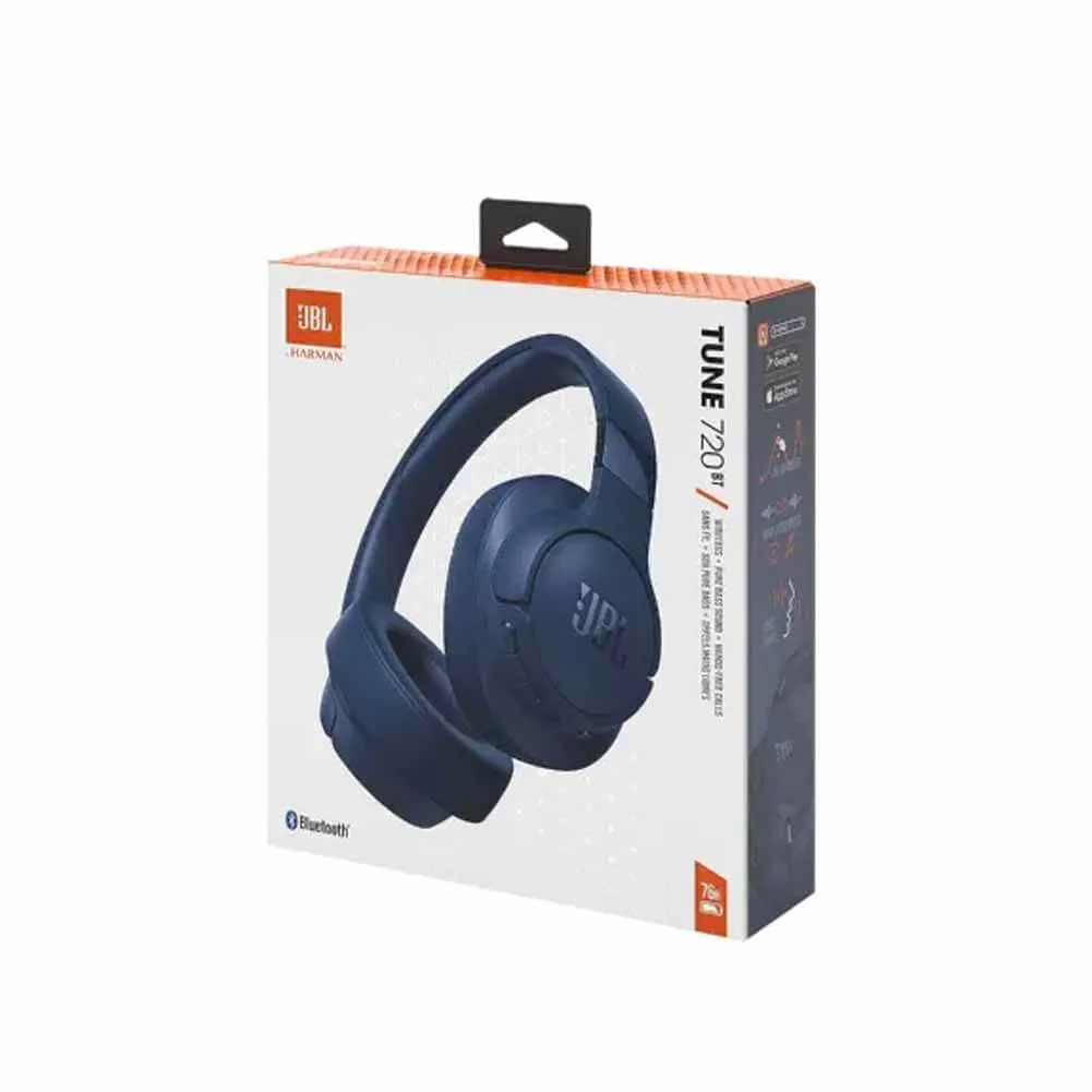 JBL T720 BT Blue Over-Ear Headphones with Pure Bass Sound Cable Pack