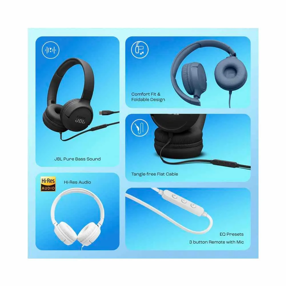 JBL Tune 520C Blue USB-C Wired On-Ear Headphones with Mic & Pure Bass Sound Preview 7