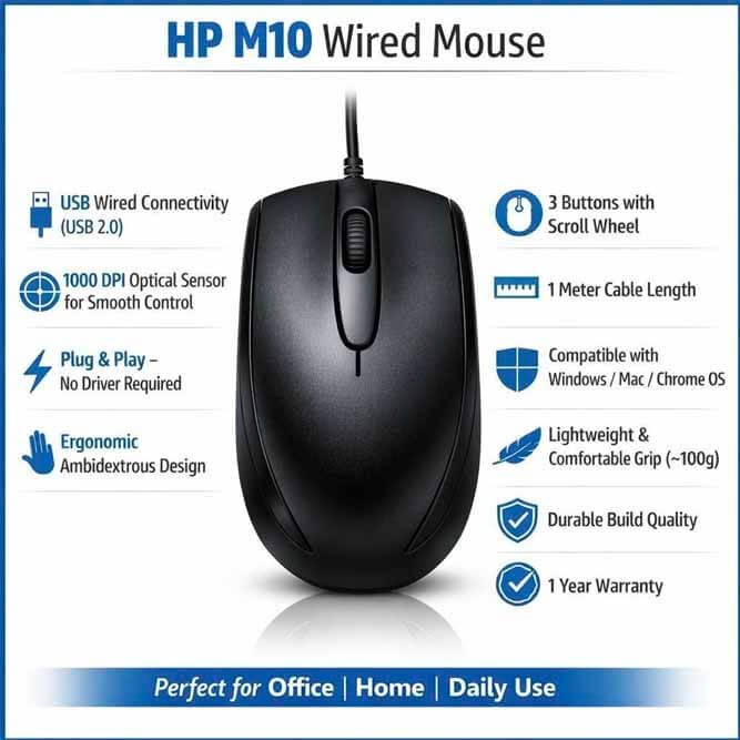 HP M10 Wired Mouse Wired Ambidextrous Optical Mouse specification