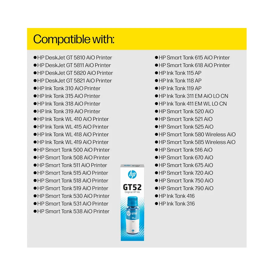 HP GT52 70-ML Cyan Original Ink Bottle (M0H54AA) for HP Smart Tank and Ink Tank Printers Preview-2