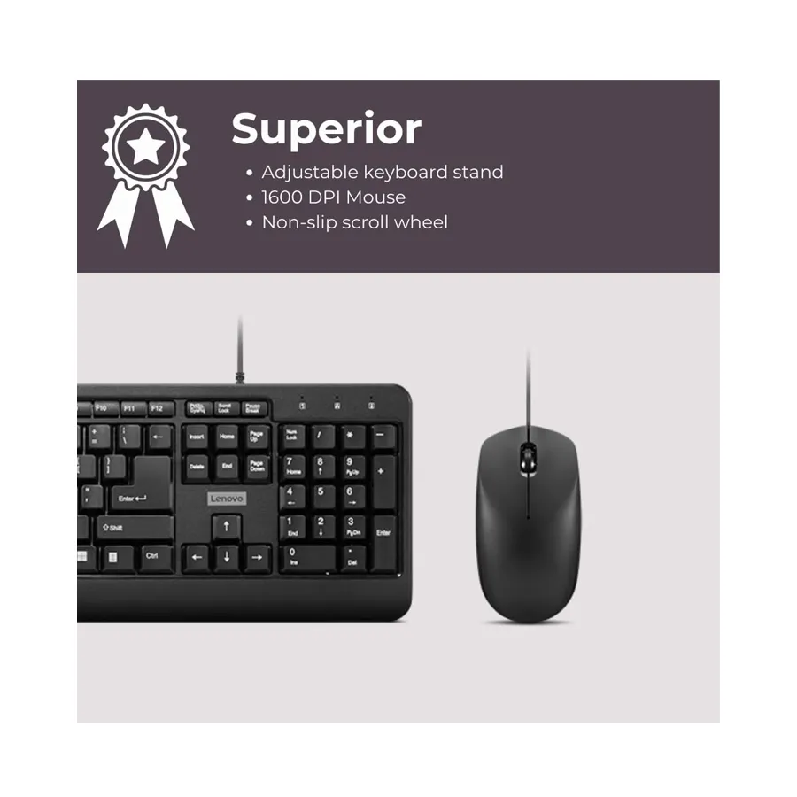 Lenovo 160 Black Wired USB Full Size Keyboard and 1600 DPI Optical Mouse Combo Preview-4