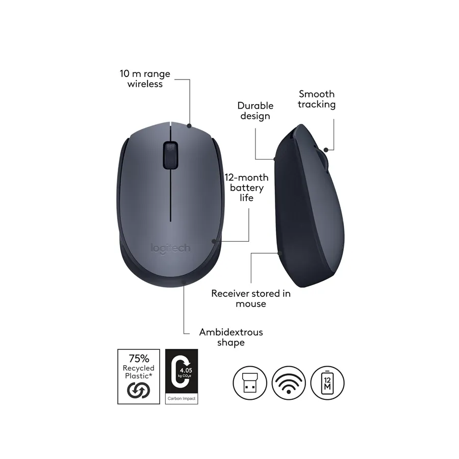 Logitech M170 Ambidextrous Wireless Optical Mouse in Grey and Black with USB Receiver preview-5